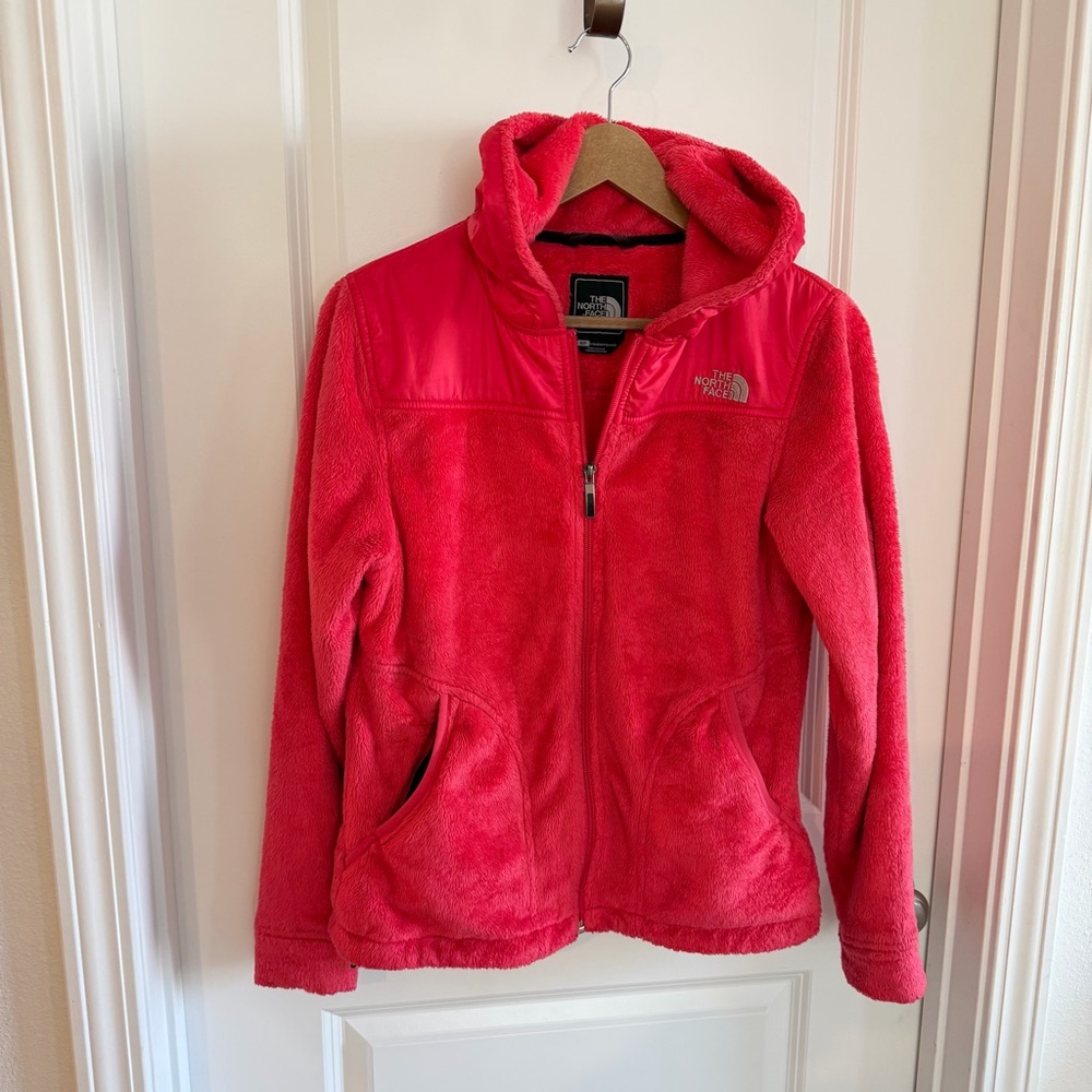 The North Face Oso Jacket Womens Small Red Fleece Plush Full Zip Pockets Hooded